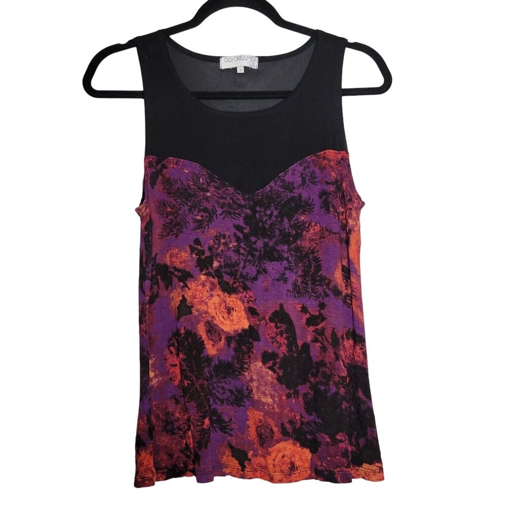 Daydreamer L.A.‎ Floral Print Mesh Tank Top S Black Purple Goth Fairy Whimsigoth